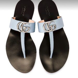 NWT GUCCI Calfskin GG Marmont Thong Sandals in Porcelain Blue